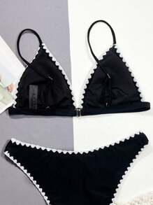 SHEIN Swim Summer Beach Ladies' Color Block Padded Bikini Top With Trim Detail Carnival - Black - View 3