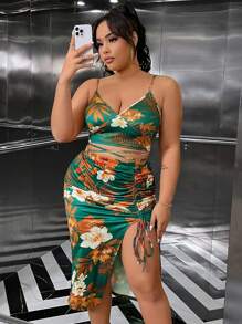 SHEIN Clasi Kích thước lớn Hoa In Hai chiếc Bộ Với Mô hình thực vật - Nhiều màu - Xem 1