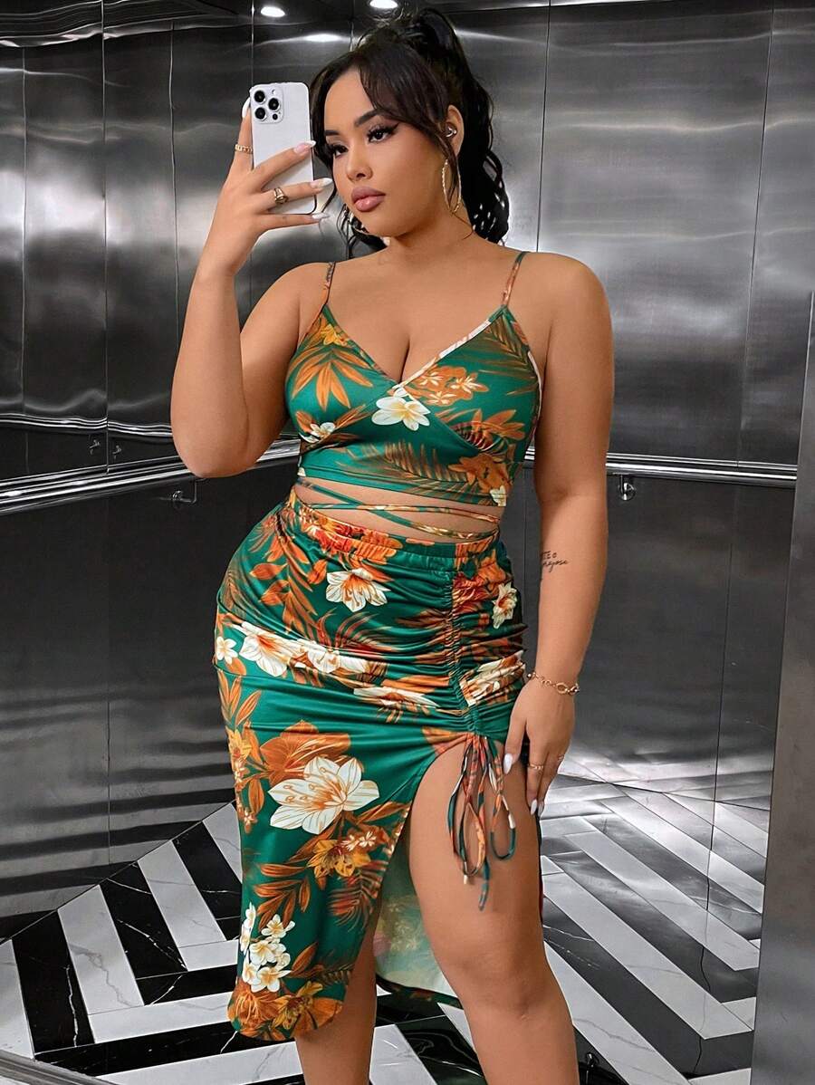 SHEIN Clasi Kích thước lớn Hoa In Hai chiếc Bộ Với Mô hình thực vật - Nhiều màu - Xem 1