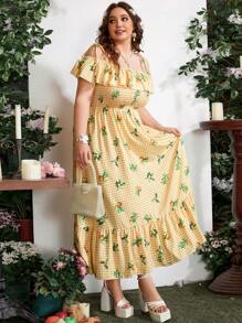 Sunnyshic Kích thước lớn Của phụ nữ Vai Ruffle In kẻ sọc Dài Đầm - Nhiều màu - Xem 6