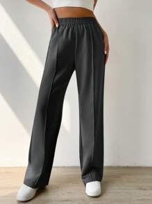 SHEIN EZwear Elastic Waist Straight-Leg Pants With Seam Front - Dark Grey - View 7