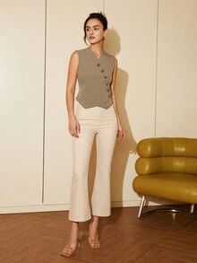 Áo vest blazer ngắn Amyenjoylife dành cho nữ xuân/hè, cài nút xiên, phong cách công sở rave cổ điển - Màu Khaki - Xem 3
