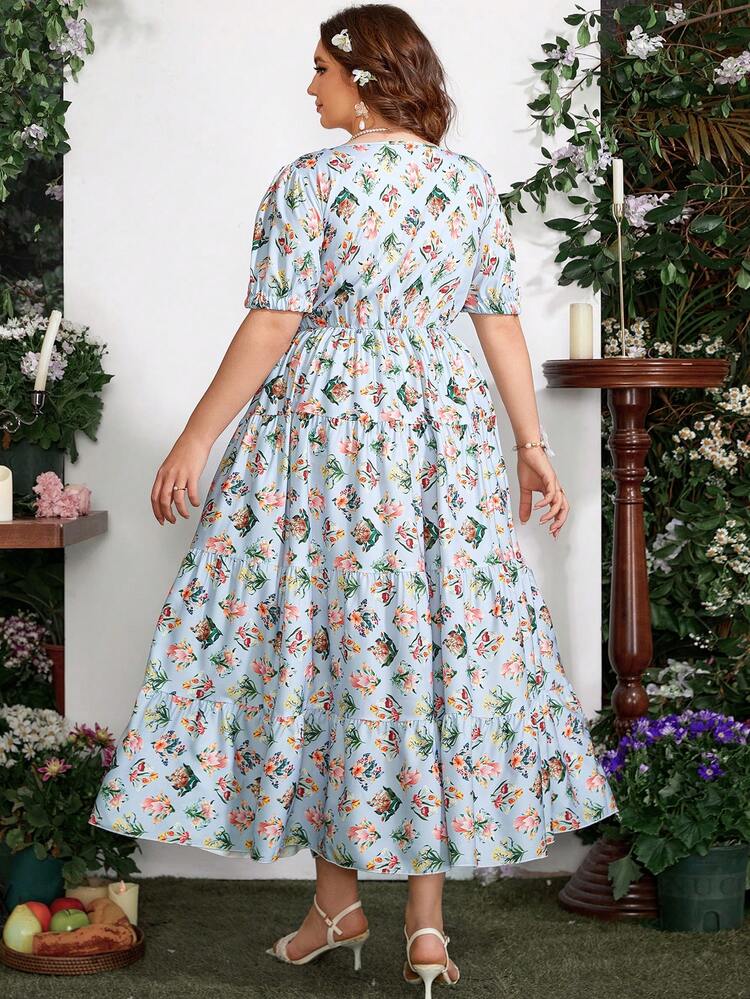 Plus Size Floral Print Dress With Sweetheart Collar