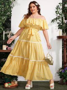 Sunnyshic Đầm hở vai xếp nếp nhiều lớp cỡ lớn, bó eo - Màu vàng - Xem 3