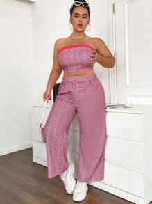 Calvaya Conjunto De Dos Piezas Corsé Sin Tirantes Con Pantalones Para Mujer De Talla Grande Y Diseño De Bloques De Color - Rosa - Ver 5