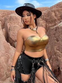 Flirla Hơn Chất rắn Bustier Áo Tube Crop - Vàng - Xem 7