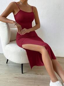 EURMUSE Women's Solid Color Pleated Side Slit Hem Casual Cami Dress - Burgundy - View 4