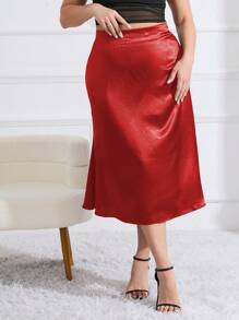 SHEIN Privé Falda De Satén Elegante Con Color Sólido De Talla Grande - Rojo - Ver 6