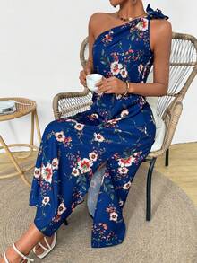 SHEIN VCAY Floral Print One Shoulder Side Slit Dress - Navy Blue - View 5