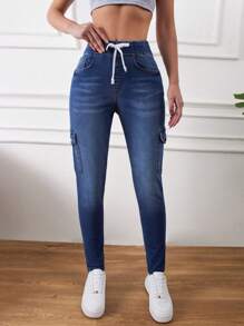 RueChic Drawstring Waist Flap Pocket Skinny Jeans - Dark Wash - View 1