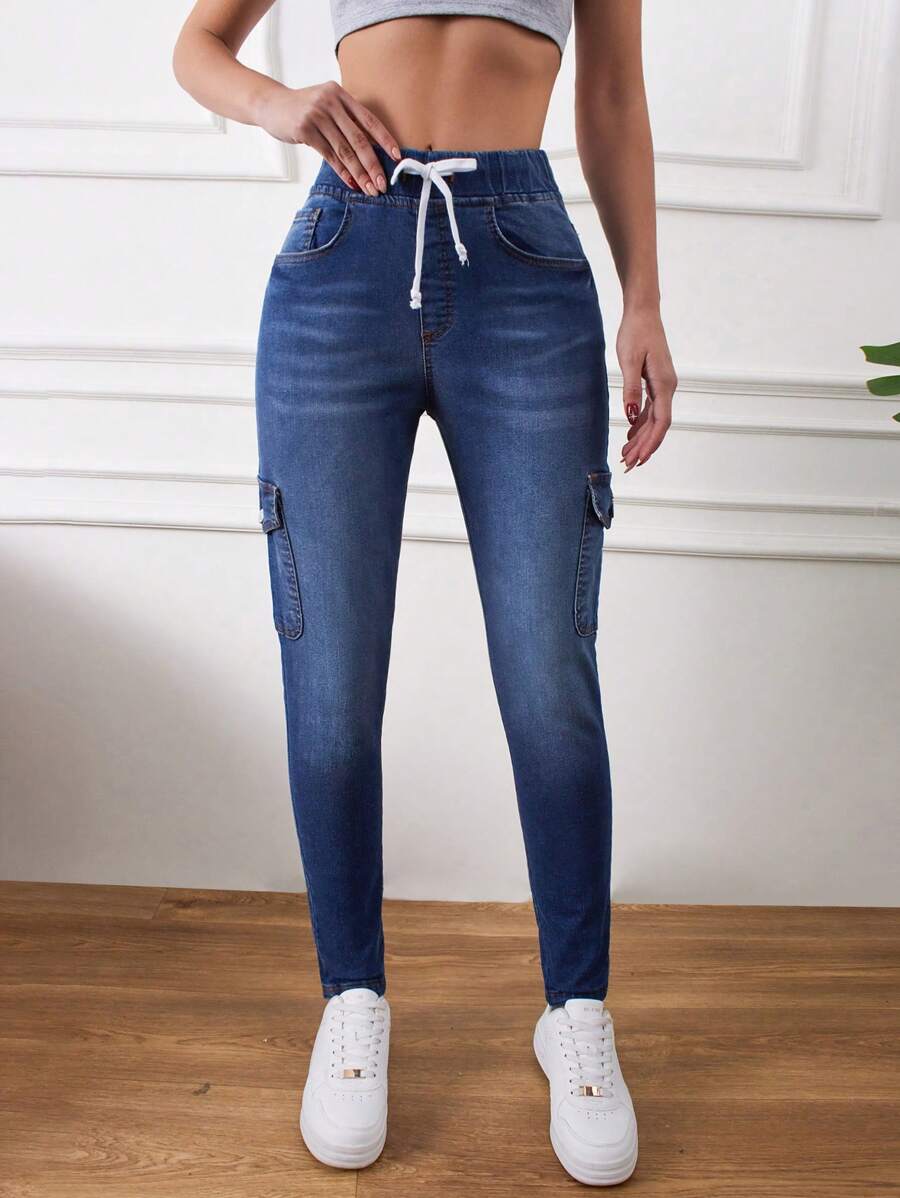 RueChic Drawstring Waist Flap Pocket Skinny Jeans - Dark Wash - View 1