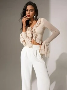 Chiquease Solid Color Crossed Tie Hem Ruffle Trim Bell Sleeve Blouse - Khaki - View 3