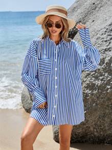 RueChic Striped Loose Fit Drop Shoulder Shirt Dress With Button Front - Blue - View 1