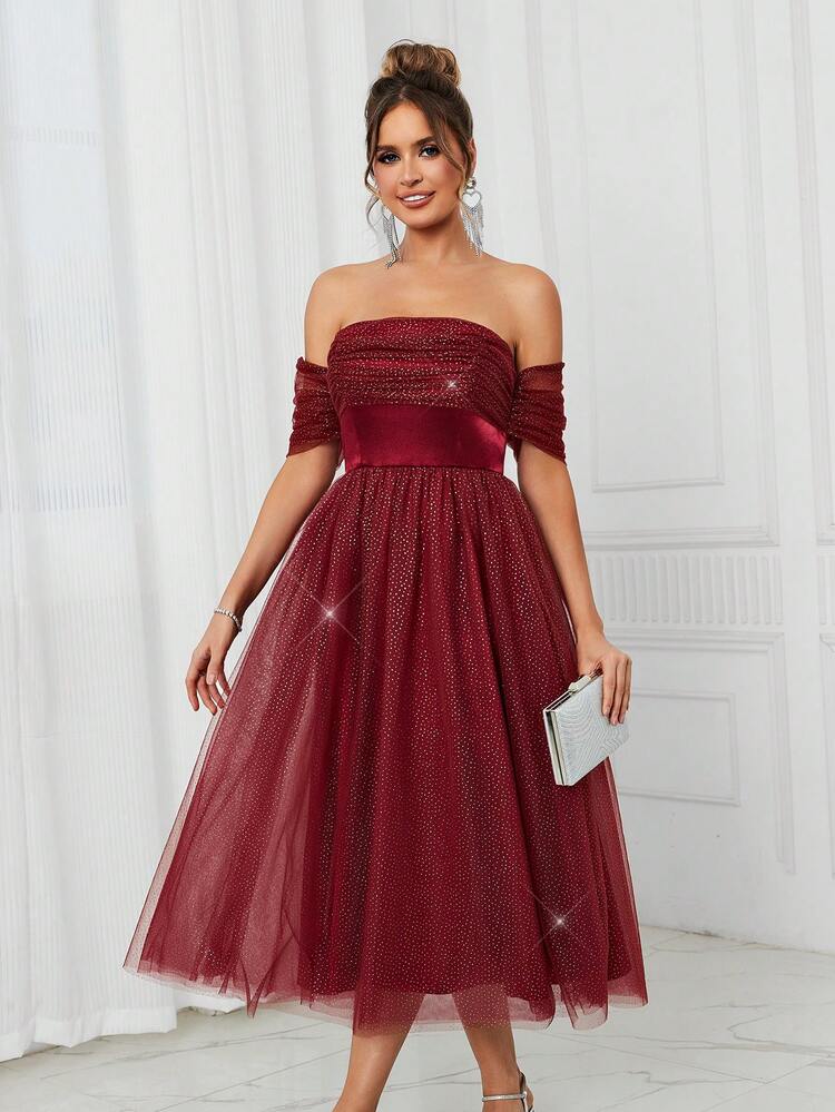 Elegant And Cute Women's Fine Glitter Mesh Fabric And Satin Spliced ​​Off-Shoulder High Waist Front Chest Pleated Decoration Volume Umbrella Puffy Princess Red Prom Cocktail Party Dress