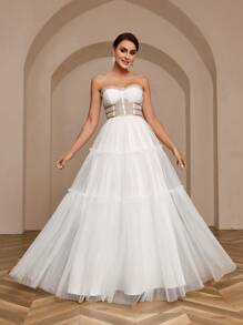 SHEIN Belle Pleated A-Line Dress With Gold Ribbon Decoration, Net Strapless Wedding Dress - White - View 3