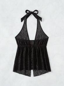 SHEIN Swim Women's Halter Neck Sleeveless Cover Up With Front Tie Summer - Black - View 4