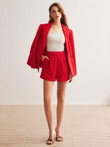 MOTF PREMIUM LINEN WOVEN WOMEN'S PLAIN COLOR SHORTS WITH SLANTED POCKETS - Red - View 8
