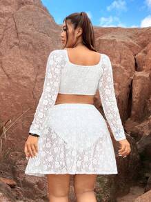 Flirla Plus Size Lace Crop Top And Skirt Set - White - View 2