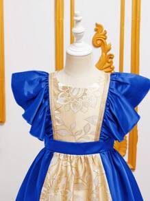 SHEIN Vestido com Manga Curta e Cintura Franzida em Tecido Jacquard com Caimento Colorido para Meninas Pré-Adolescentes