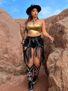 Flirla Hơn Chất rắn Bustier Áo Tube Crop - Vàng - Xem 6
