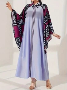 Colorblock Plant Print Splicing Elegant Batwing Sleeve Shirt Collar Dress - Purple - View 1