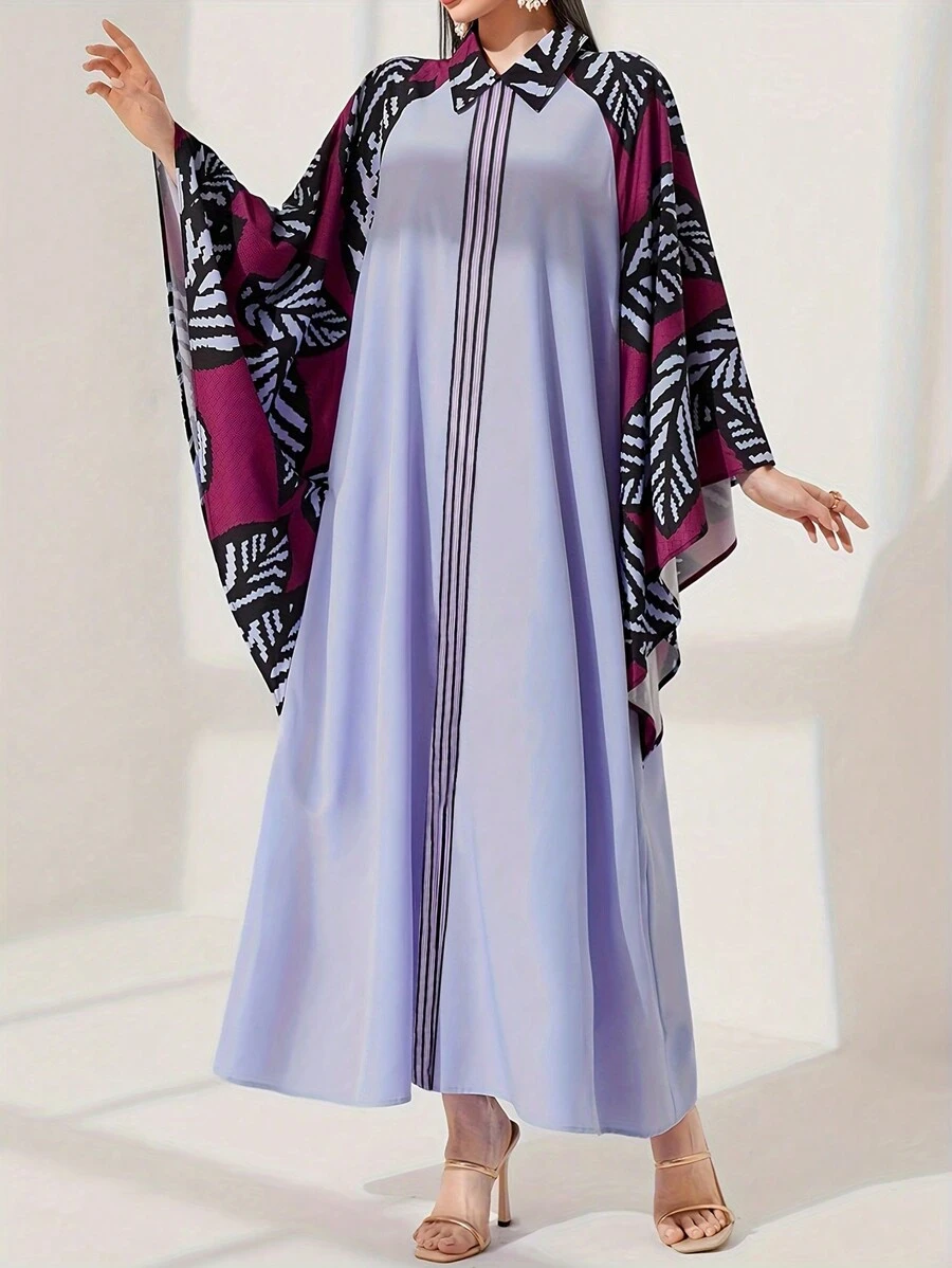 Colorblock Plant Print Splicing Elegant Batwing Sleeve Shirt Collar Dress - Purple - View 1