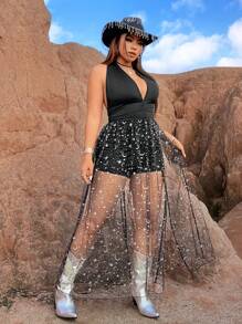 Flirla Plus-größe Rundhals Casual Romper Mit Mesh Und Offener Rücken Ausschnitt, Hoher Schlitz Bein Und Halfter Hals Design