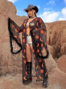 Flirla Plus Size Moon And Star Print Fleece Festival Jacket With Fringe Hem Fall Winter Cloth For Women Autumn - Black - View 5