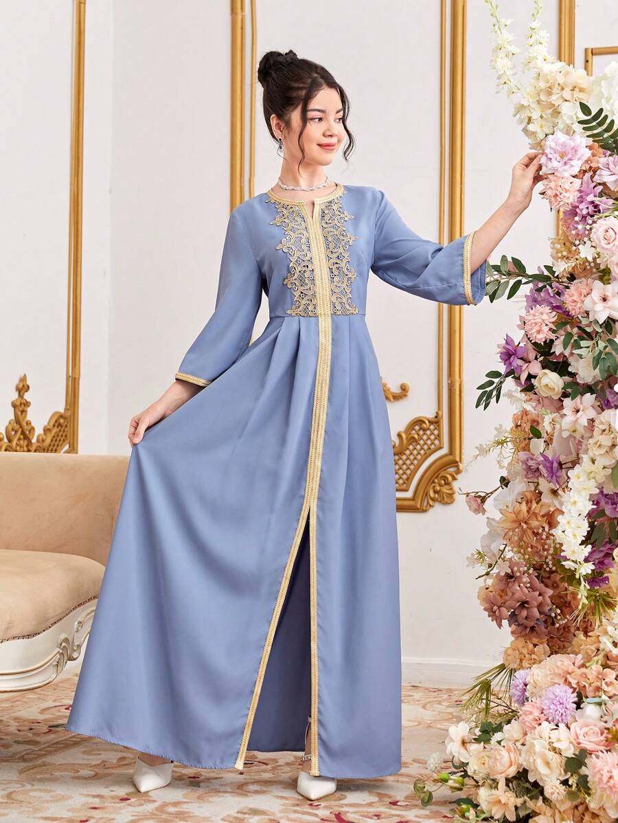 SHEIN Teen Girl Woven Solid Color Stitching Gold Silk Ribbon  Long Dress - Blue - View 1