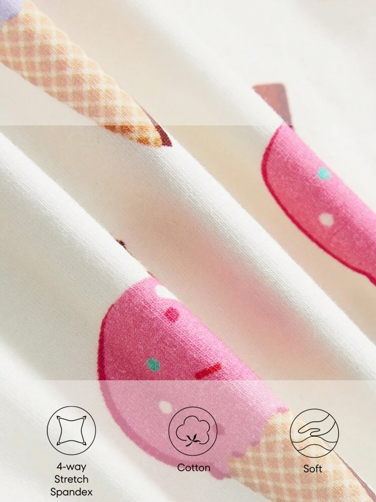 Cozy Pixies Baby Girl Snug Fit Pajama Set, Cartoon Fun Ice Cream Design, Round Collar, Regular Sleeve Pullover Top & Footed Pants - Pink - View 4