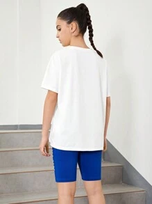 SHEIN Leap Crew Teen Girl Printed Drop Shoulder T-Shirt And Shorts Sports Leisure Two-Piece Set - Royal Blue - View 2