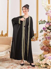 SHEIN 少女梭织拼布金色蕾丝网裙长款外套两件套