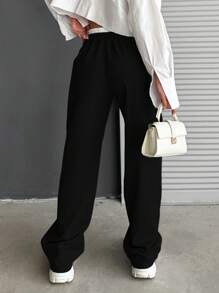 CasuGlow Color Block Drawstring Waist Casual Straight-Leg Pants - Black - View 2