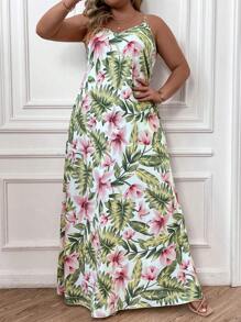SHEIN LUNE Plus Tropical Print Cami Dress Maxi Women Outfit For Summer - White - View 4