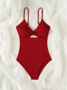 SHEIN Swim Summer Beach Solid Color One-Piece Swimsuit With Twist And Hollow Out Design - Red - View 7