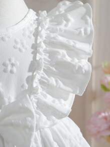 SHEIN Baby Girl Solid Color Floral Jacquard Dress With Ruffled Hem And Bow Decorations