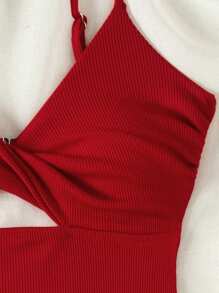 SHEIN Swim Summer Beach Solid Color One-Piece Swimsuit With Twist And Hollow Out Design - Red - View 6