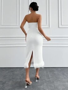 EURMUSE Ladies' Solid Color Splicing Bandeau Dress - White - View 2