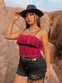 SHEIN Unity Plus Size Tassel & Rhinestone Decorated Spaghetti Strap Top - Multicolor - View 3