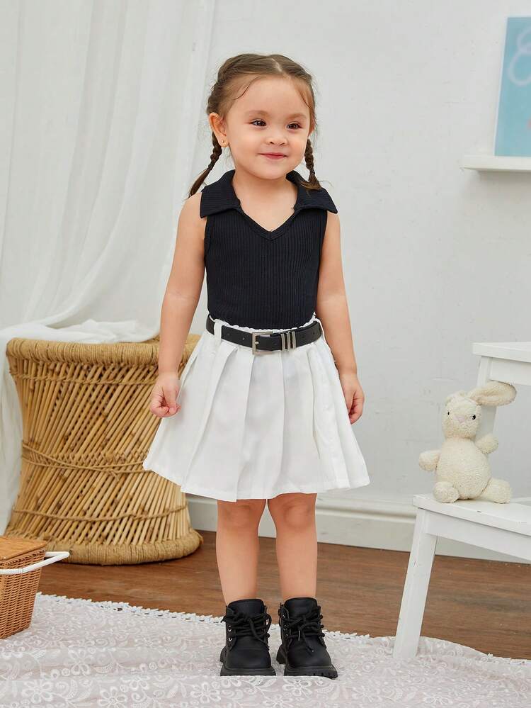 Baby Girl Sleeveless Top & Pleated Skirt Set With Belt For Spring/Summer