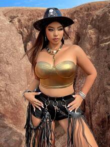 Flirla Hơn Chất rắn Bustier Áo Tube Crop - Vàng - Xem 3