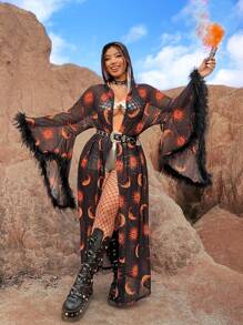 Flirla Plus Size Moon And Star Print Fleece Festival Jacket With Fringe Hem Fall Winter Cloth For Women Autumn - Black - View 6