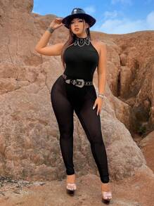 SHEIN Unity 大碼女性無背心露脊頸跳蚤 - 黑色 - 查看 6