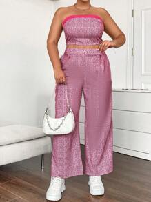 Calvaya Conjunto De Dos Piezas Corsé Sin Tirantes Con Pantalones Para Mujer De Talla Grande Y Diseño De Bloques De Color - Rosa - Ver 3