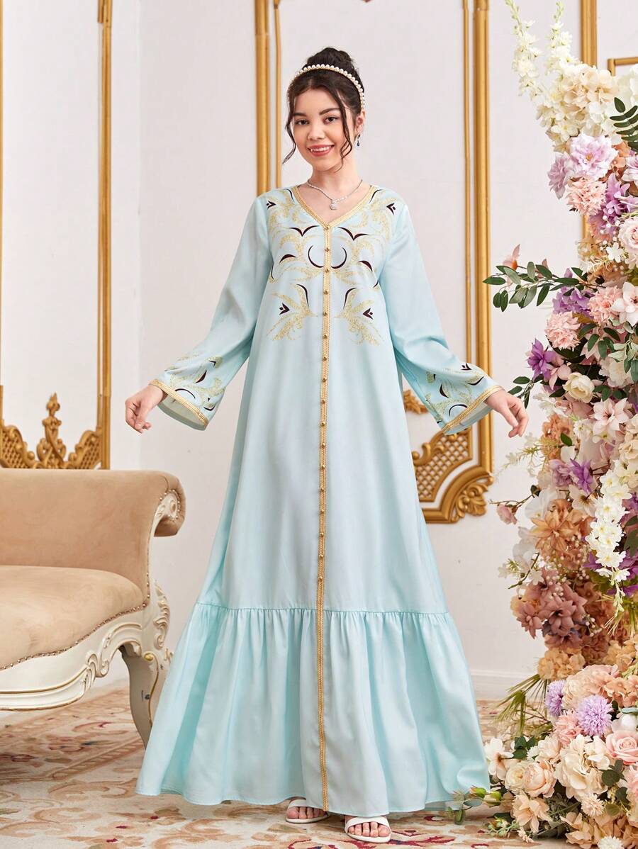 SHEIN Leap Crew Teen Girls' Printed Color-Blocked Gold-Tone Belted V-Neck Dress - Green - View 1