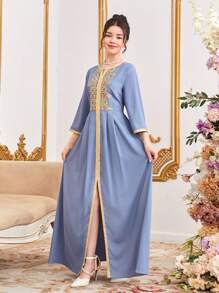 SHEIN Teen Girl Woven Solid Color Stitching Gold Silk Ribbon  Long Dress - Blue - View 5