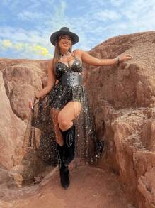 Flirla 大尺碼金色箔紙網紗透視分裂式襯衫裙 - 黑色 - 查看 8