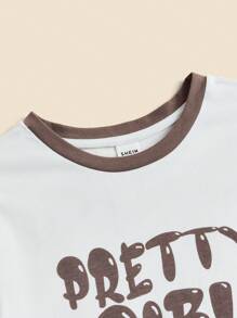SHEIN 少女短袖針織圓領字母印花拼接T卹，夏季款式 - 摩卡棕 - 查看 3
