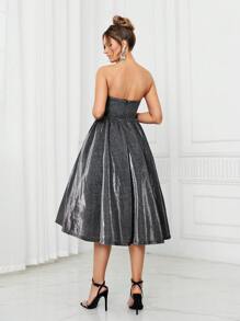 SHEIN Belle Elegant And Atmospheric Black Fine Shiny Glossy Woven Tube Top With Deep V-Neck Adjustable Straps Hollow High Waist A-Line Birthday Party Date Vacation Wedding Event Cocktail Dress, Semi Formal Dress - Black - View 6