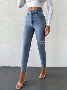 High Waist Ripped Skinny Jeans - Light Wash - View 3